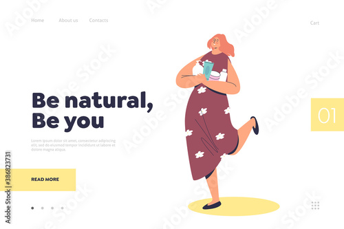 Natural cosmetics concept for landing page with cartoon girl holding bottles and jars