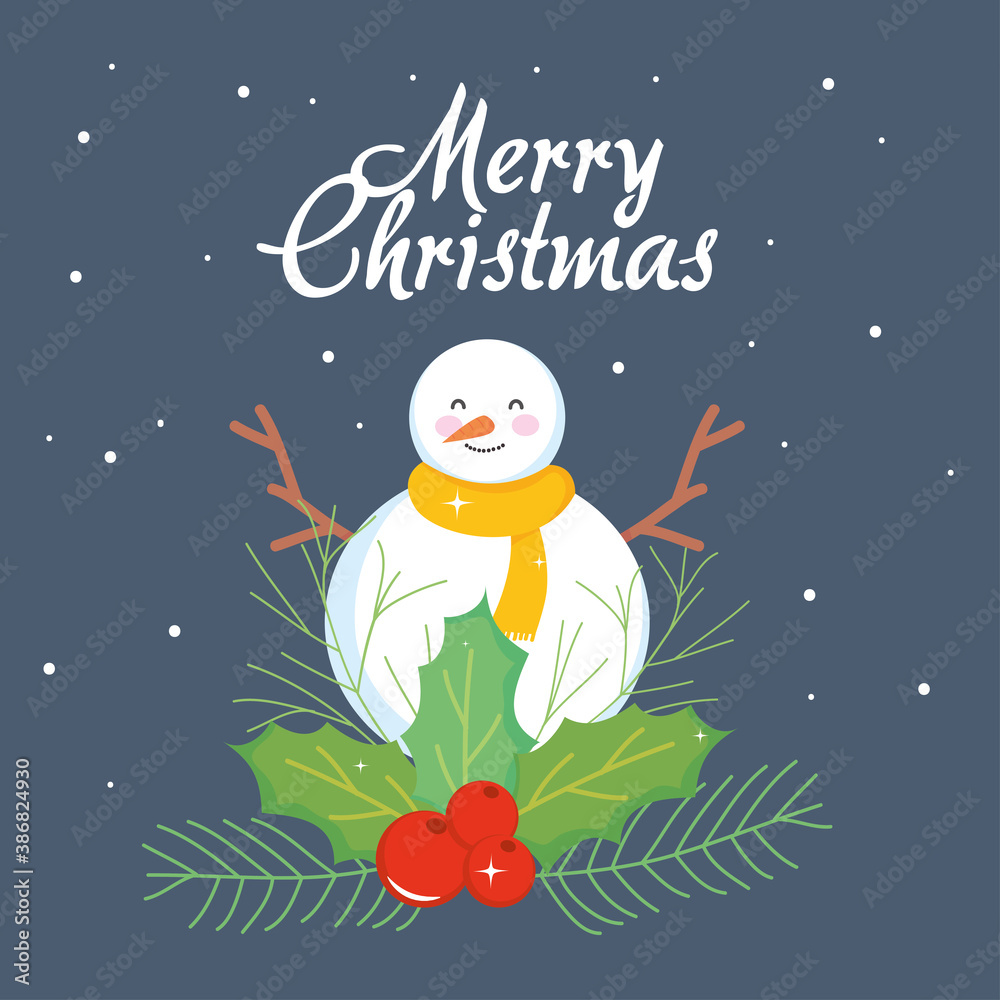 Merry christmas design with cartoon snowman and mistletoe