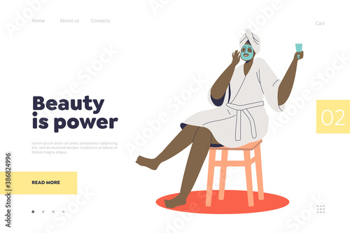 Cartoon woman making facial mask procedure for skin care. Beauty is power concept of landing page