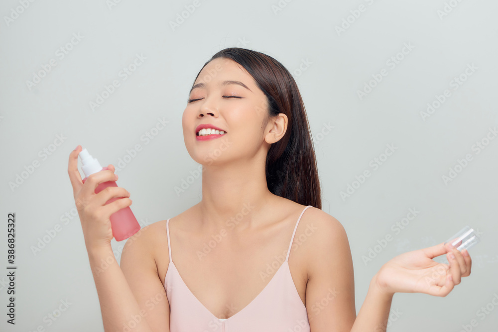 Portrait beautiful woman with mineral water spray. Portrait beautiful woman with mineral water spray.