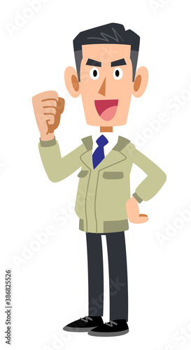 横向きでガッツポーズする作業着を着た男性
