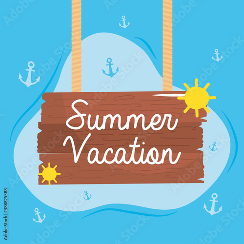 summer vacation travel, hanging wood billboard, anchor blue background