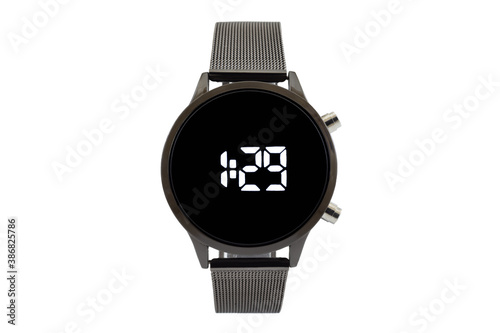 Round smartwatch with black mesh style strap, black dial face and digital numerals, isolated on white background.