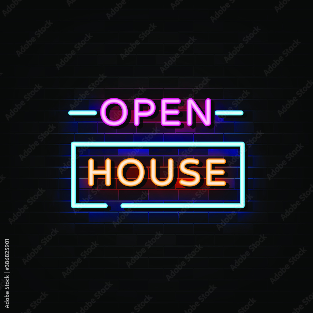 Open house neon sign vector. Design template neon style