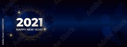 Happy New Year 2021. Greeting card with gold glittering round on blue background. For cover social network, invitations, banner, poster. Vector illustration.