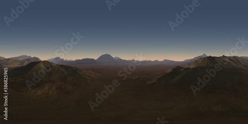 360 degree night desert landscape. Equirectangular projection, environment map, HDRI spherical panorama.