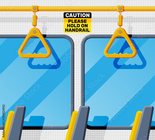 Interior of bus salon. Public city transport. Empty lounge inside modern bus. Seats, windows and handrail. Handles for safety transportations of passengers. Cartoon flat vector illustration