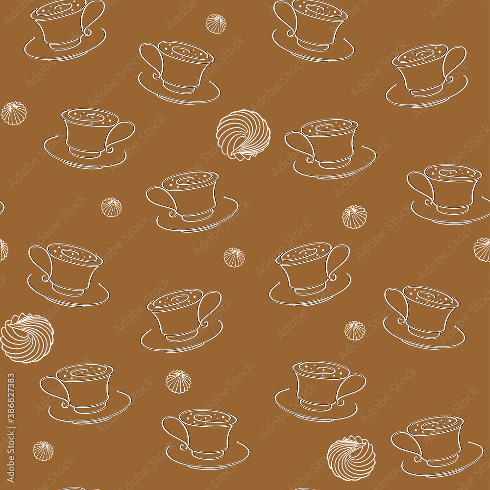 White cups of tea or coffee and meringues on a brown background, outline. Vector seamless pattern for packaging, wrapper, wrapping paper, wallpaper, sales banner, cafe, restaurant, cafeteria and print