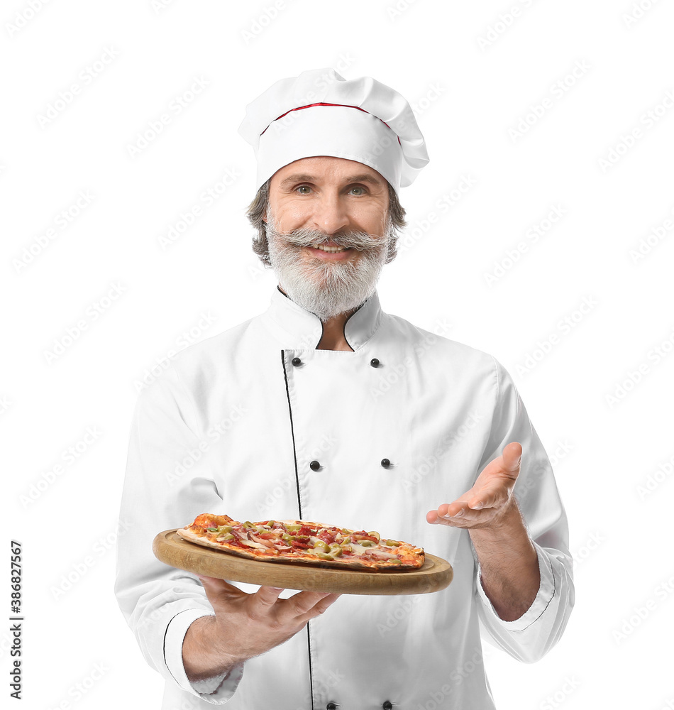 Mature male chef with tasty pizza on white background Mature male chef with tasty pizza on white background