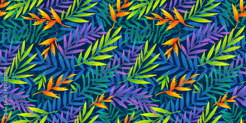 Vivid colors tropic leaves and flowers raster seamless pattern tile on dark blue background
