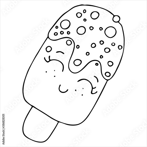 cute popsicle ice cream on a stick with eyes, cute drawing for kids, vector element, coloring book, kawaii sweets