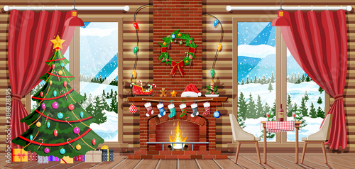 Christmas interior of room with tree, window, gifts and decorated fireplace. Happy new year decoration. Merry christmas holiday. New year and xmas celebration. Vector illustration flat style