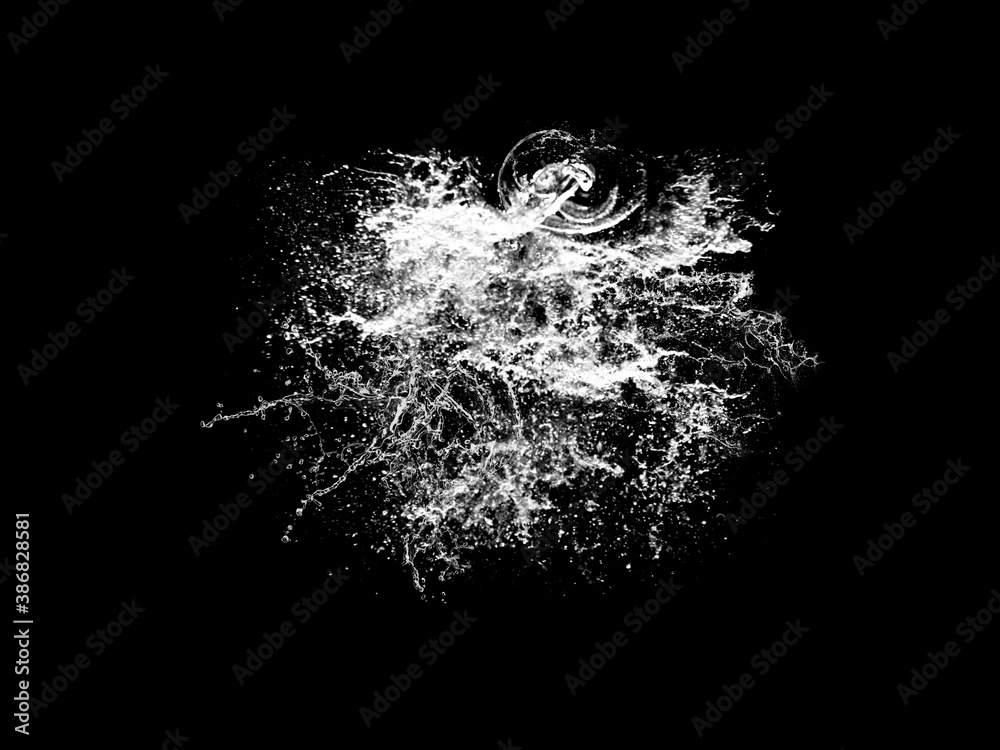 Obraz premium Stock image of water splash: High resolution water splashes isolated on black background. Royalty high-quality free stock photo image of water splash with bubbles of air on the black background