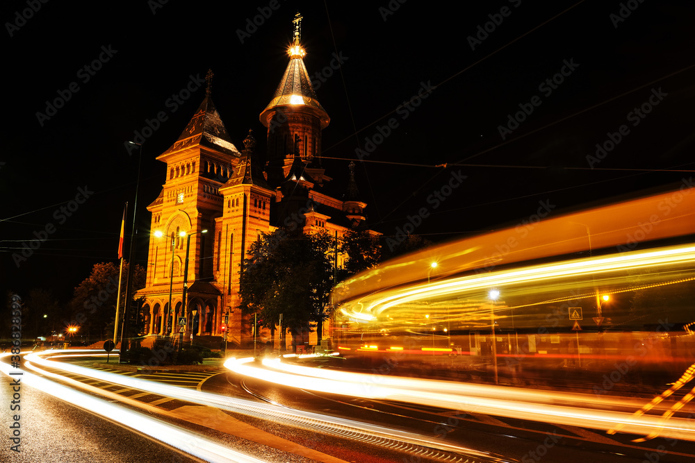 Long exposure night photo of the orthodox cathedral in the city of Timisoara