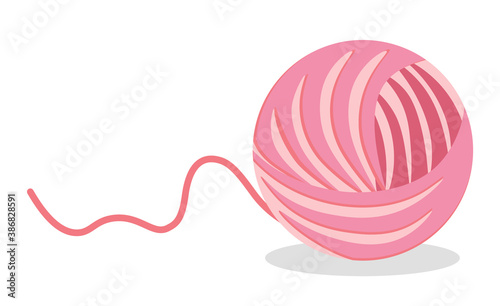 Thread sphere ball of pink wool isolated knitting item in flat cartoon style. Vector material for sewing and toy for kittens play. Needlecraft accessory illustration, cotton yarn for needle work
