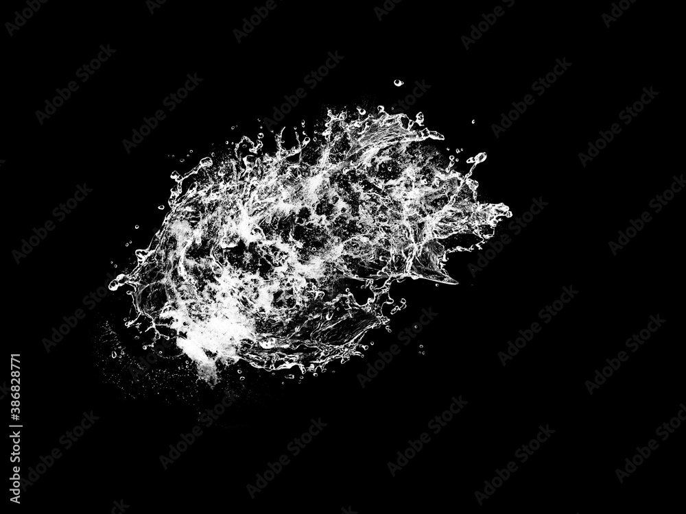 Obraz premium Stock image of water splash: High resolution water splashes isolated on black background. Royalty high-quality free stock photo image of water splash with bubbles of air on the black background