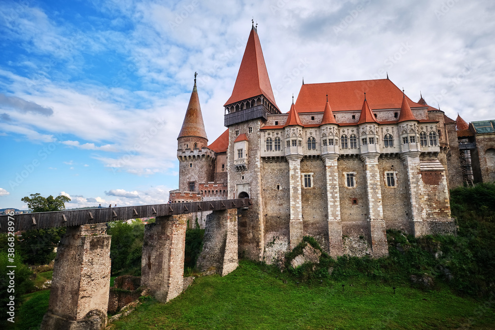 Corvins Castle with medieval architecture in Romania