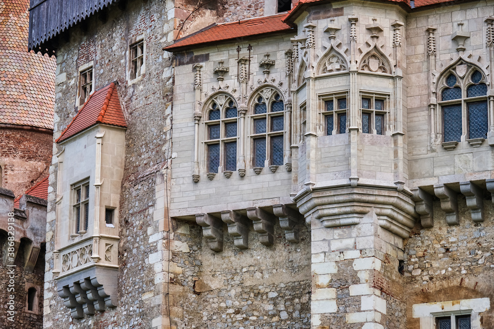 Medieval castle architecture with towers and windows in Transylvania