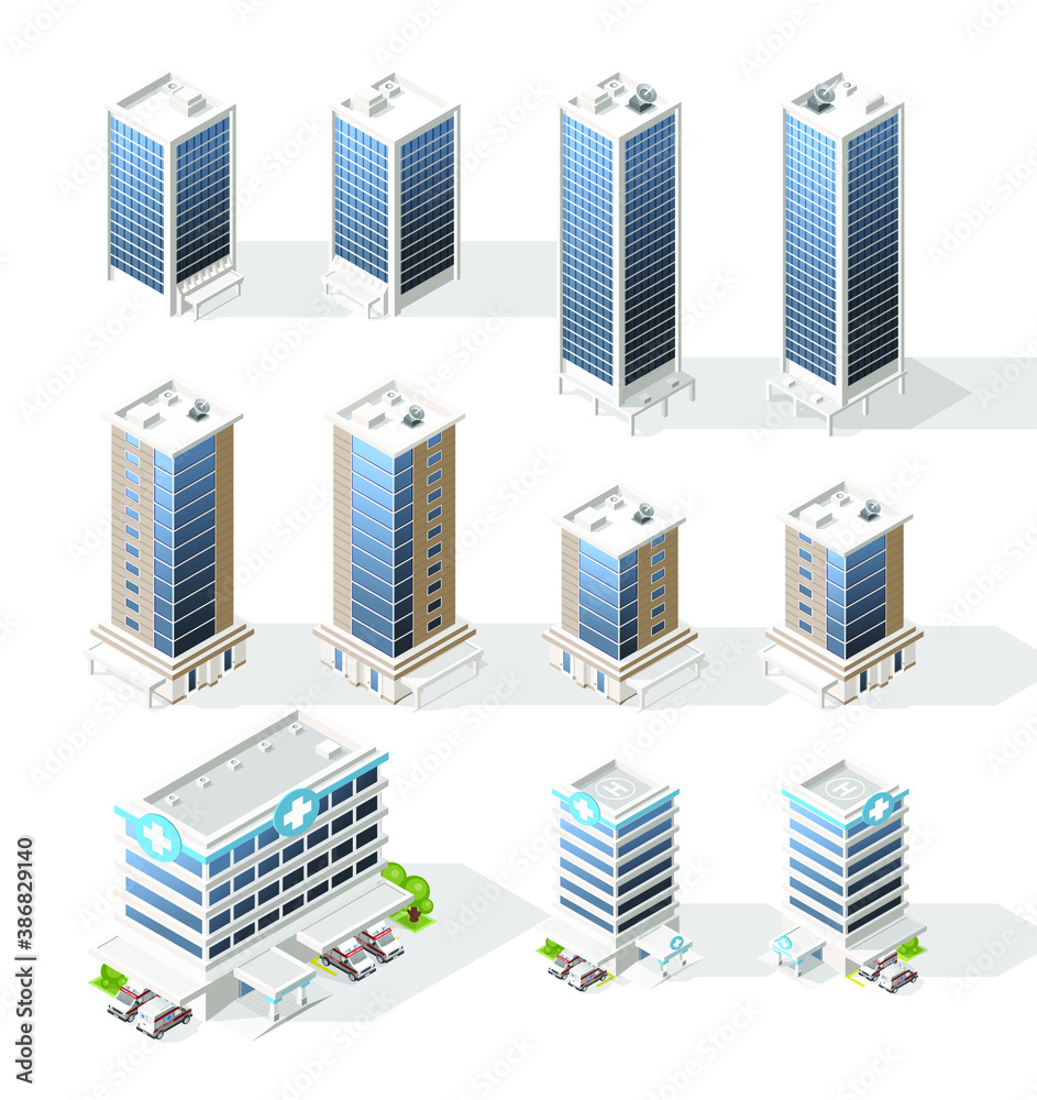 Set of Isometric High Quality City Building with Shadows on White Background . Isolated Vector Elements Set of Isometric High Quality City Building with Shadows on White Background . Isolated Vector Elements