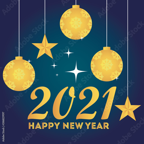 2021 happy new year golden hanging balls and stars card