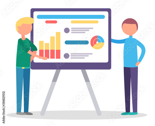 Men stand near statistics chart on board. People discussing about project, startup. Business analytics graphs, company information. Businessmen on meeting or appointment. Vector illustration in flat