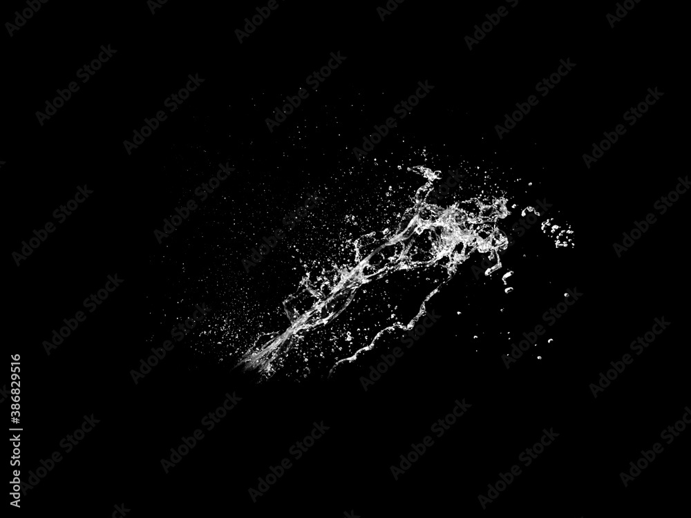 Obraz premium Stock image of water splash: High resolution water splashes isolated on black background. Royalty high-quality free stock photo image of water splash with bubbles of air on the black background