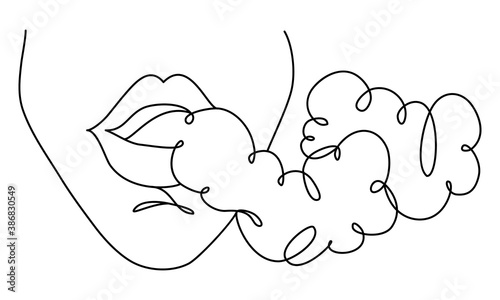 Vector illustration of girl making vape cloud with cigarette. Beautiful woman face drawing of continuous line, fashion concept, vector illustration