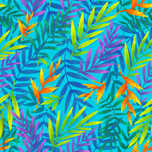Bright colors tropic leaves and flowers raster seamless pattern tile on sky blue background