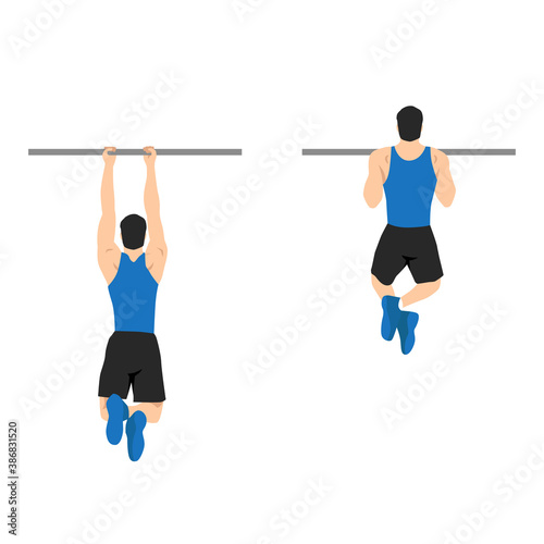 Man doing chin-ups workout. Fitness and bodybuilding exercise in the gym. Healthy and active lifestyle. Isolated vector illustration in cartoon style