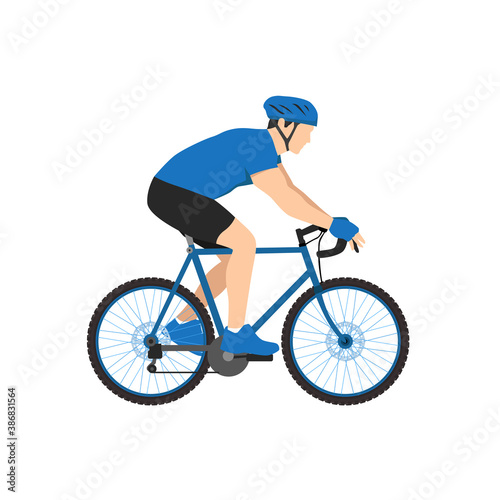 Sport athlete cyclist vector illustration. Man in sportswear and helmet riding bike flat style design. Extreme sport concept. Isolated on white background
