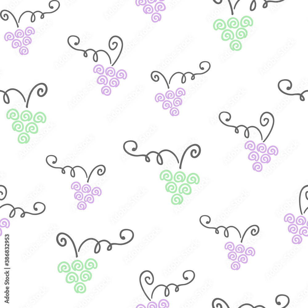 Lilac and green abstract bunches of grapes, vines on a white background. Hand drawn, outline. Vector seamless pattern for kid`s wallpaper, wrapping paper, packaging, wrapper and printing on clothes Lilac and green abstract bunches of grapes, vines on a white background. Hand drawn, outline. Vector seamless pattern for kid`s wallpaper, wrapping paper, packaging, wrapper and printing on clothes