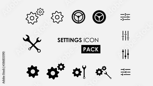 Settings icon pack with many visual options. Stock vector, simple design, illustration contrast icons, abstract, repair configuration recovery package.