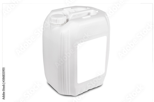 Blank plastic canister isolated on white background. There is a place to insert a label. Side view.
