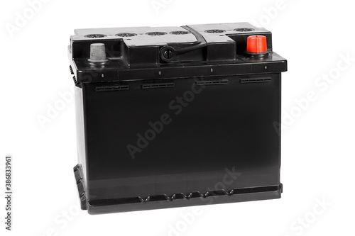 Car battery isolated on white background. Front view.
