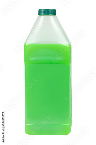 Green antifreeze in a 1-liter canister. Non-freezing cleaning liquid. There are places for a label. Frontal view.
