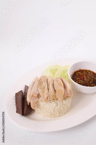 Thai food gourmet steamed chicken with rice   khao mun kai in wood background