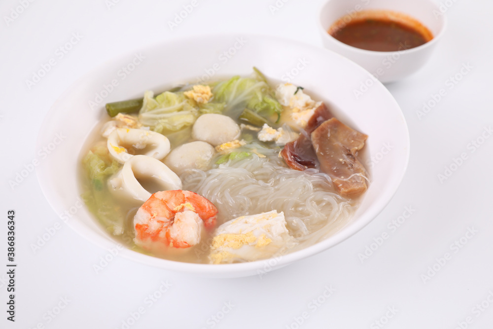 Local food , Thai sukiyaki soup isoated in white background street food Local food , Thai sukiyaki soup isoated in white background street food