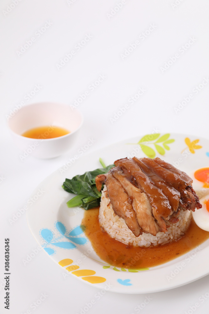 stewed pork leg with rice local Thai food street food isolated in white background stewed pork leg with rice local Thai food street food isolated in white background