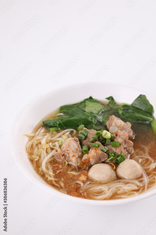 Local Thai food , Noodle with meat ball and pork isolated in white background Local Thai food , Noodle with meat ball and pork isolated in white background
