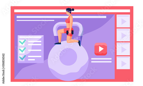 Beautiful young woman dressed in sportswear doing fitness squat down with dumbbells, video player with workout exercise tutorial. Healthy lifestyle, girl training, doing sports remotely from home