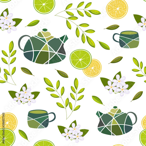 Seamless vector pattern with items for green tea on a white background. Teapots and cups.
