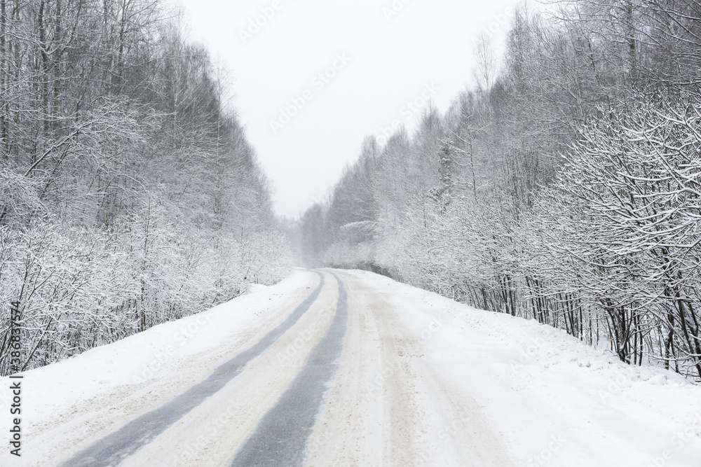 Fototapeta premium First snow, road after snowfall. Snowy road in the forest