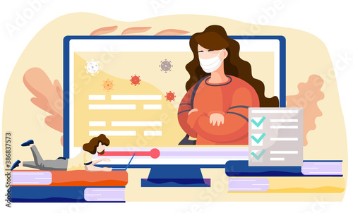 A girl with a laptop lies on books and works or studies on her computer from home during COVID-19. Online learning with a video about the need to prevent the spread of the disease on the background