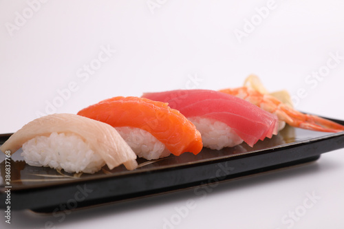 Sushi set , Japanese food sushi salmon tuna shrimp and sea bass isolated in white background