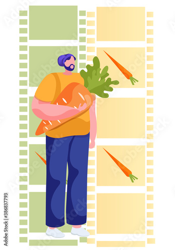 Bearded man with carrot. Gardener or farmer holding orange carrots. Healthy eating, vegan vitamin food. Autumn harvest. Trendy flat cartoon vector illustration vegetarian dietary raw meal