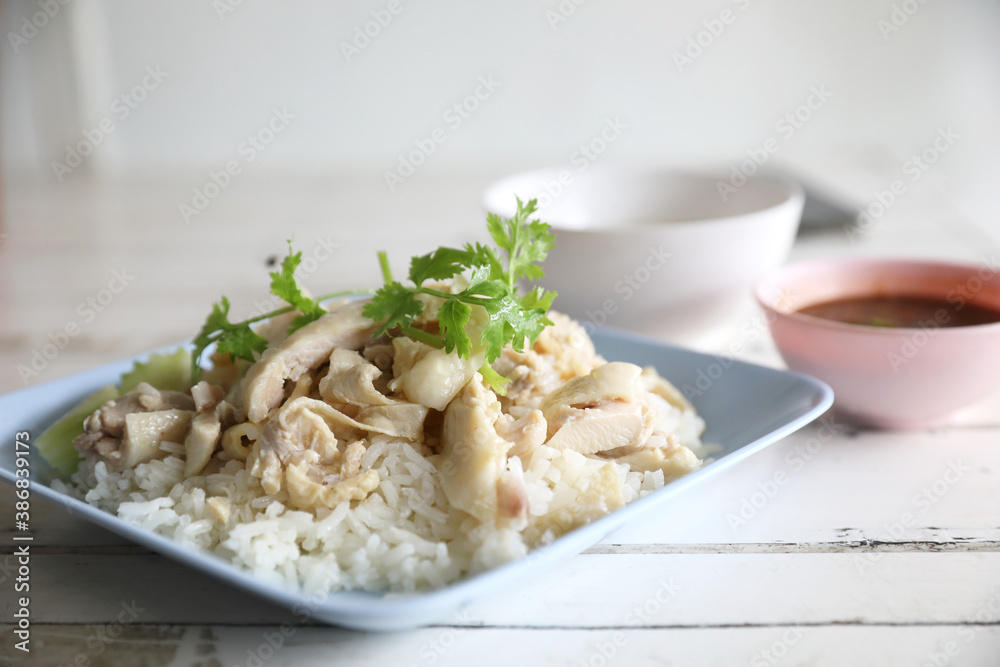 Thai food gourmet steamed chicken with rice in wood background Thai food gourmet steamed chicken with rice in wood background