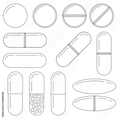 Pills and capsules line art icon set isolated on white background. White different forms medicine tablets - round and oblong, oval drugs collection. Vector flat design linear style icon illustration.