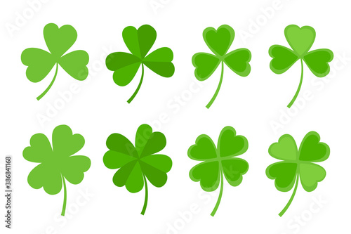 Green clover leaf flat style design vector illustration set. St Patricks Day shamrock symbols decorative elements.