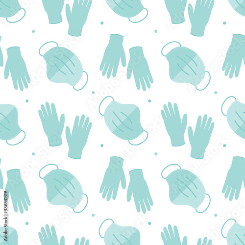 Vector seamless pattern background with medical face mask and rubber gloves for healthcare, medical design.
