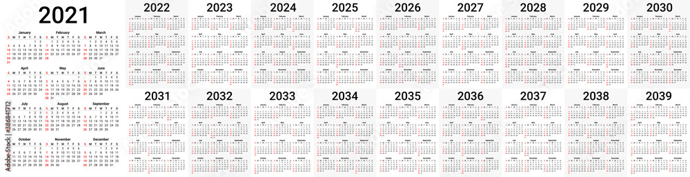 Calendar set in basic design for 2021, 2022, 2023, 2024, 2025, 2026 ...